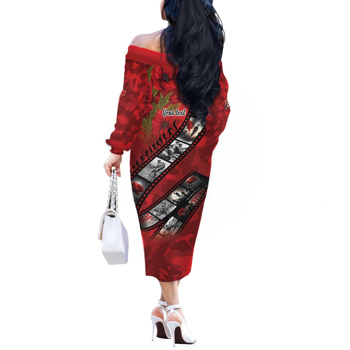 Personalised Tonga ANZAC 1915-2026 Filmstrip Off The Shoulder Long Sleeve Dress Lest We Forget 25 April LT9 - Polynesian Pride