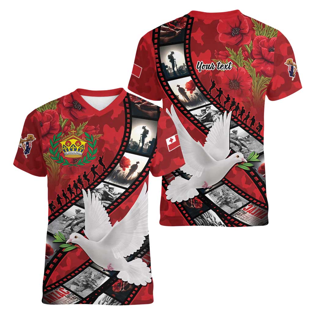 Personalised Tonga ANZAC 1915-2026 Filmstrip Women V-Neck T-Shirt Lest We Forget 25 April LT9 - Polynesian Pride