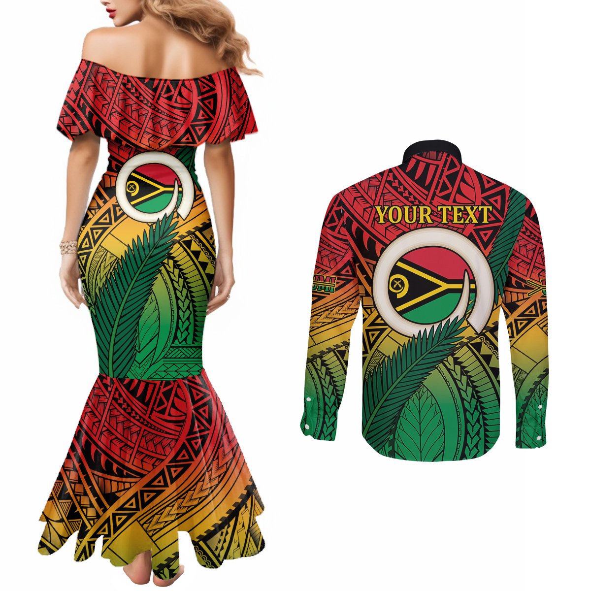 Personalised Vanuatu Yumi 44th Indipendens Dei Couples Matching Mermaid Dress and Long Sleeve Button Shirt Vanuatuan Broad Tusk with Polynesian Tribal