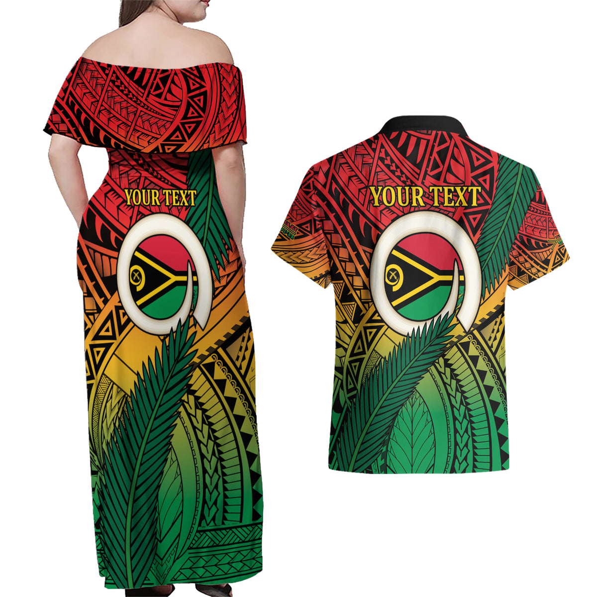 Personalised Vanuatu Yumi 44th Indipendens Dei Couples Matching Off Shoulder Maxi Dress and Hawaiian Shirt Vanuatuan Broad Tusk with Polynesian Tribal