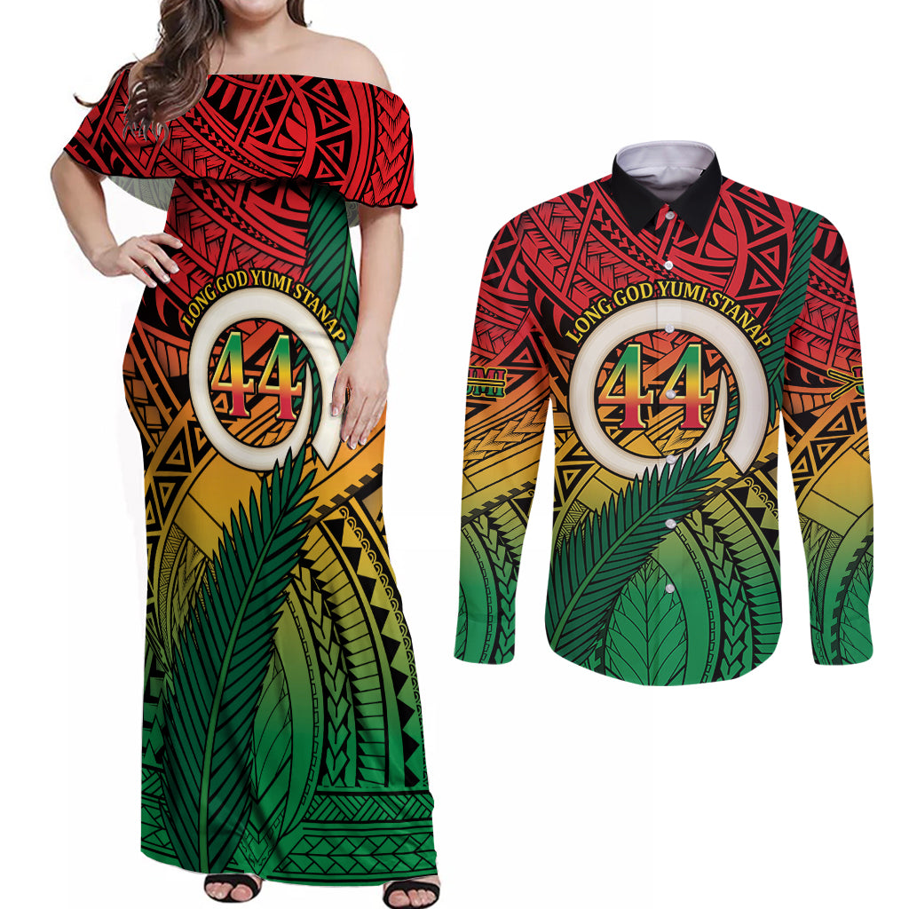 Personalised Vanuatu Yumi 44th Indipendens Dei Couples Matching Off Shoulder Maxi Dress and Long Sleeve Button Shirt Vanuatuan Broad Tusk with Polynesian Tribal LT9 Reggae - Polynesian Pride