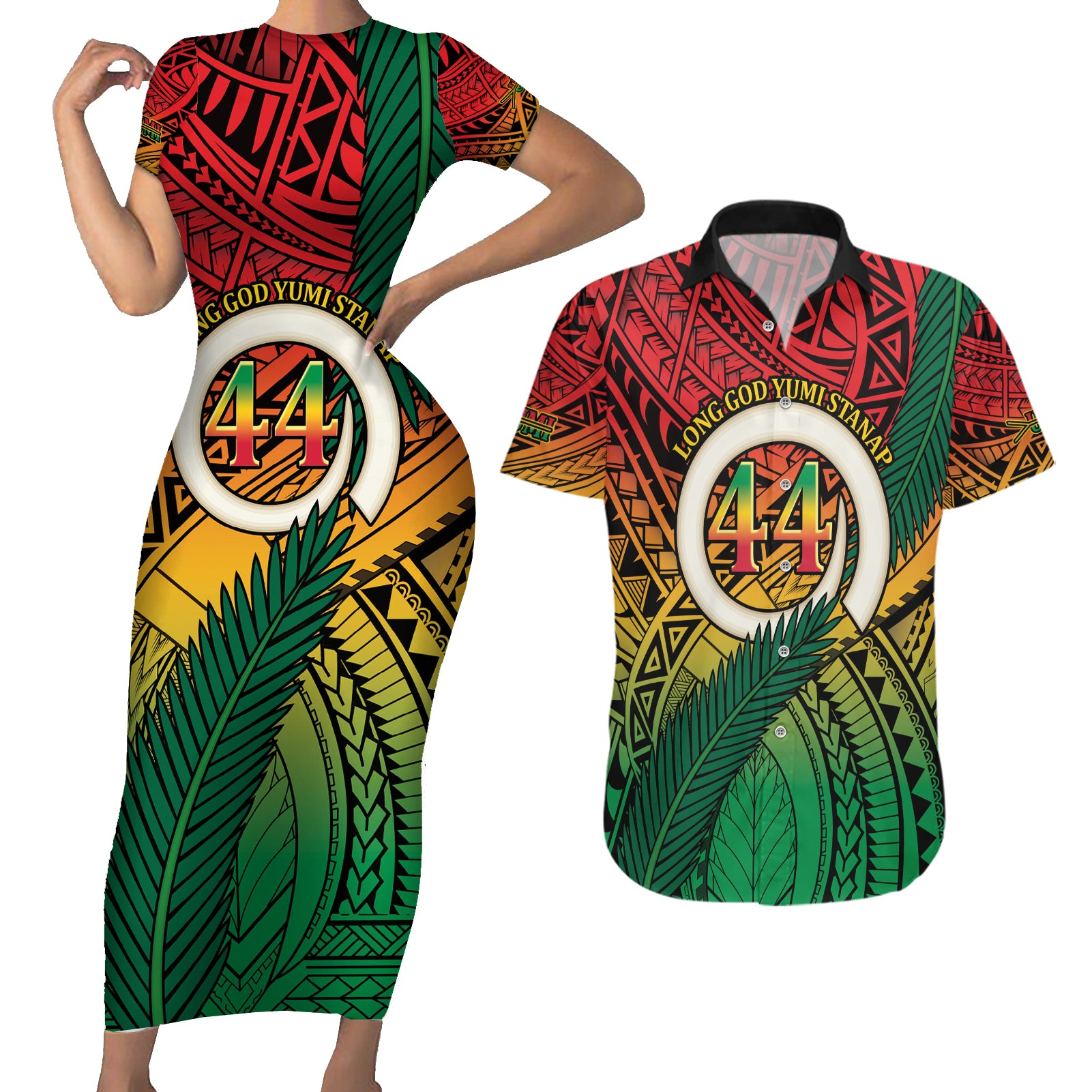 Personalised Vanuatu Yumi 44th Indipendens Dei Couples Matching Short Sleeve Bodycon Dress and Hawaiian Shirt Vanuatuan Broad Tusk with Polynesian Tribal