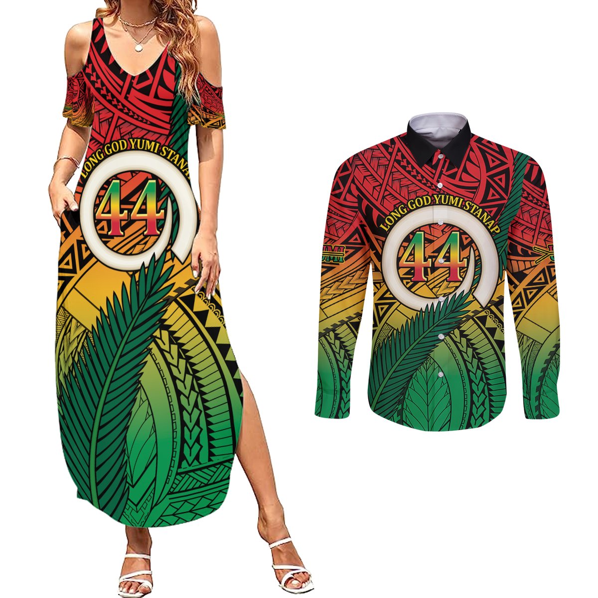 Personalised Vanuatu Yumi 44th Indipendens Dei Couples Matching Summer Maxi Dress and Long Sleeve Button Shirt Vanuatuan Broad Tusk with Polynesian Tribal LT9 Reggae - Polynesian Pride