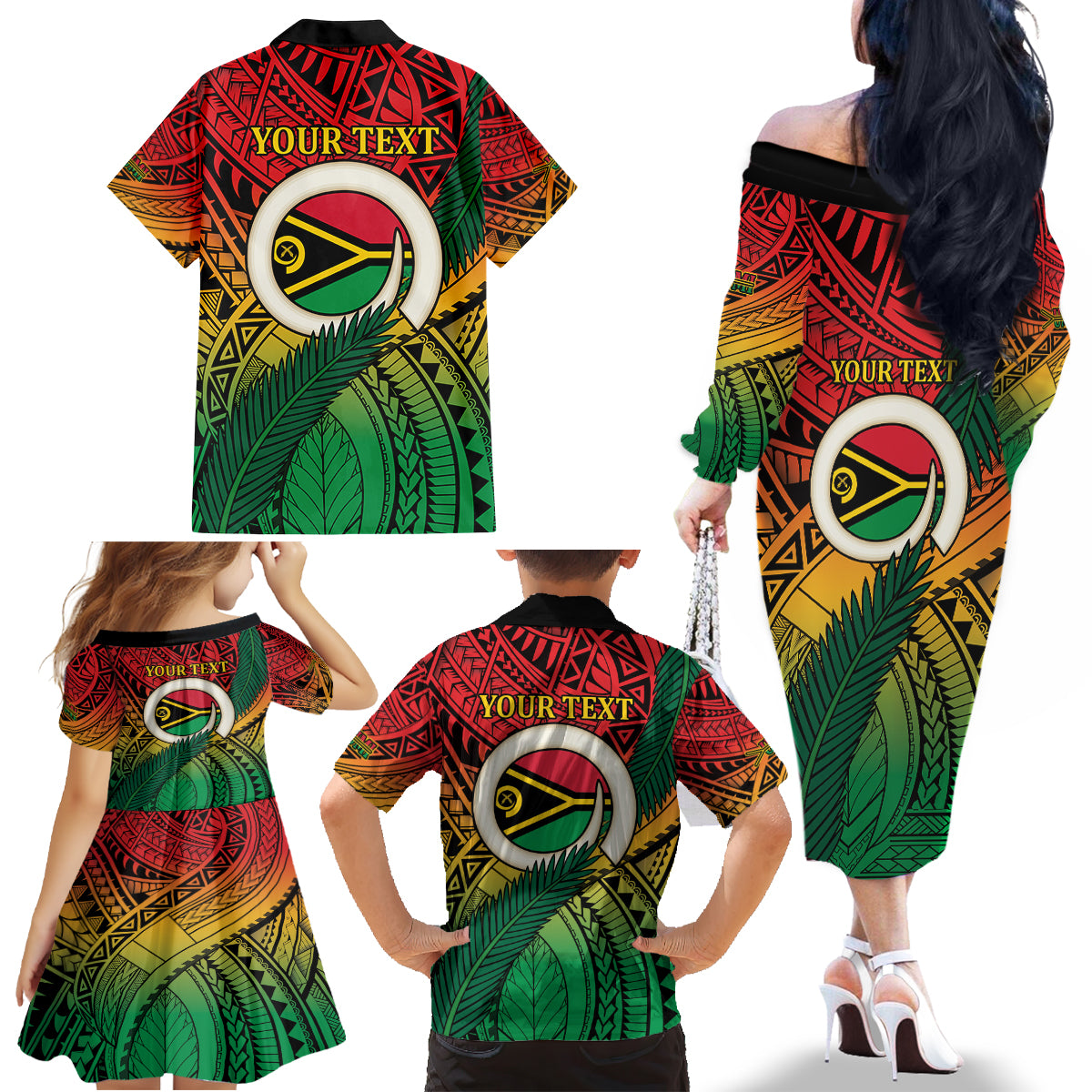 Personalised Vanuatu Yumi 44th Indipendens Dei Family Matching Off The Shoulder Long Sleeve Dress and Hawaiian Shirt Vanuatuan Broad Tusk with Polynesian Tribal LT9 - Polynesian Pride