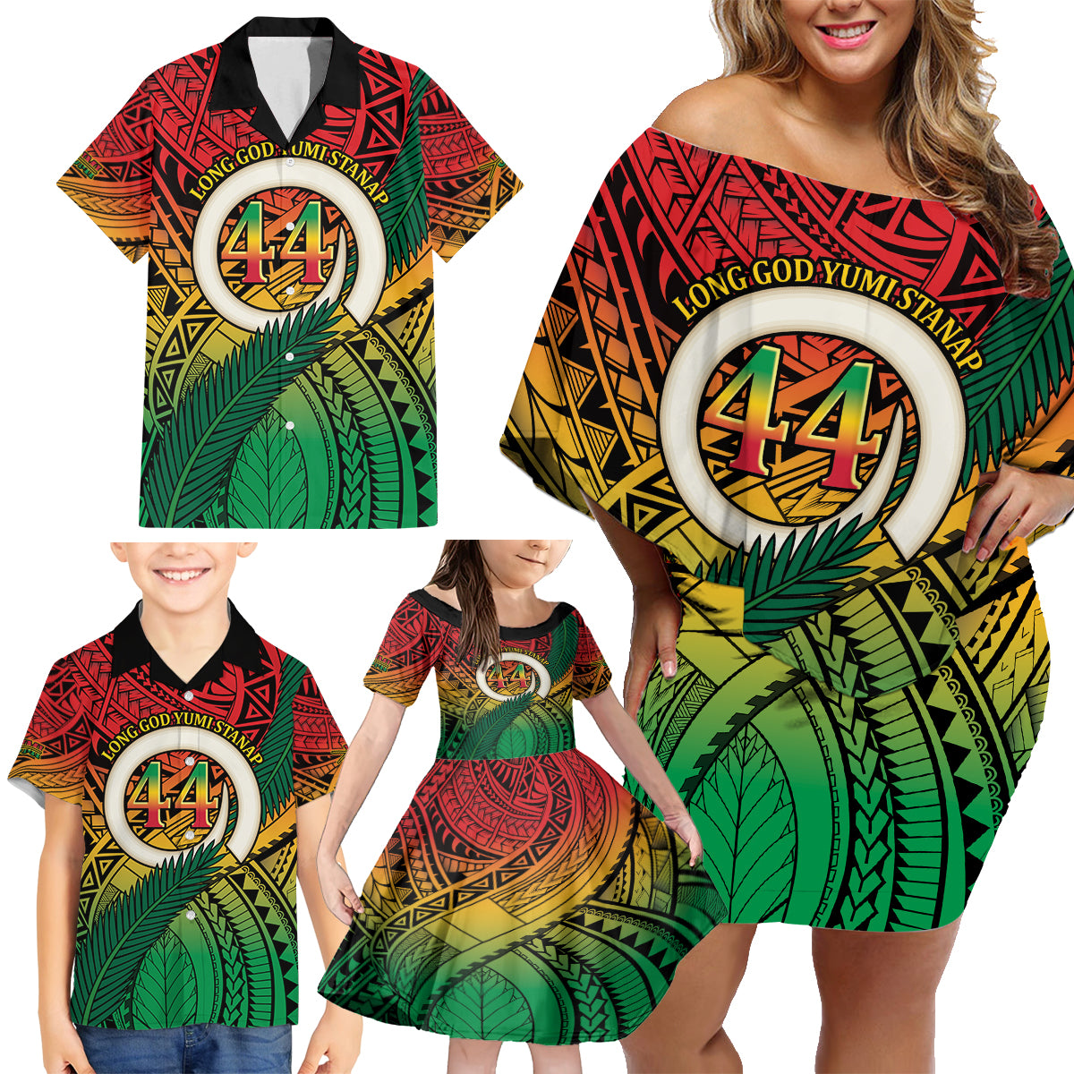 Personalised Vanuatu Yumi 44th Indipendens Dei Family Matching Off Shoulder Short Dress and Hawaiian Shirt Vanuatuan Broad Tusk with Polynesian Tribal LT9 - Polynesian Pride