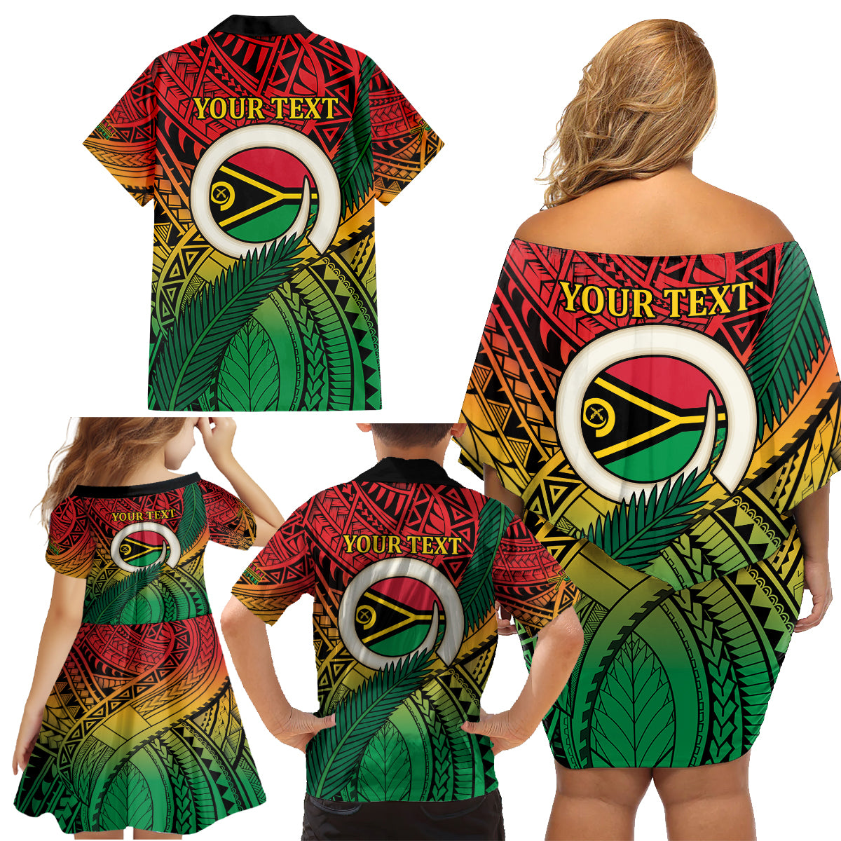 Personalised Vanuatu Yumi 44th Indipendens Dei Family Matching Off Shoulder Short Dress and Hawaiian Shirt Vanuatuan Broad Tusk with Polynesian Tribal LT9 - Polynesian Pride