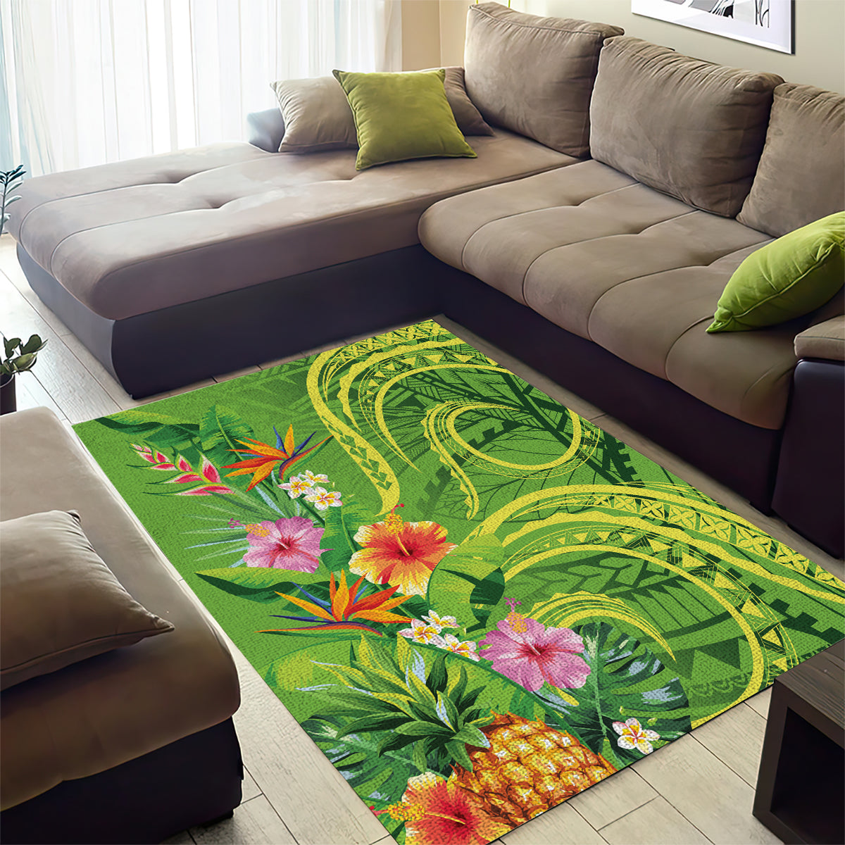 Polynesian Tribal Flower Tattoo Area Rug Special Lime Green Vibe
