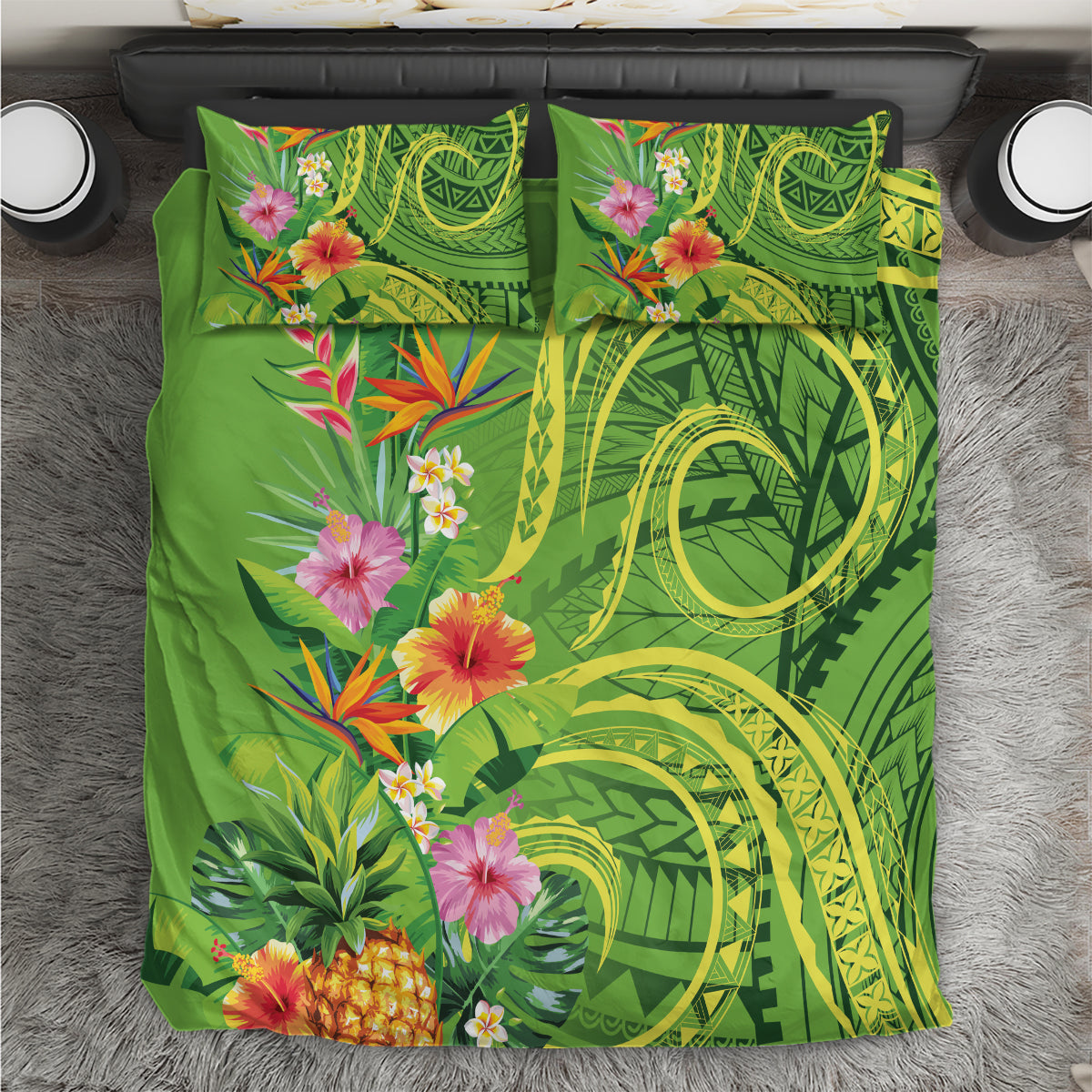 Polynesian Tribal Flower Tattoo Bedding Set Special Lime Green Vibe