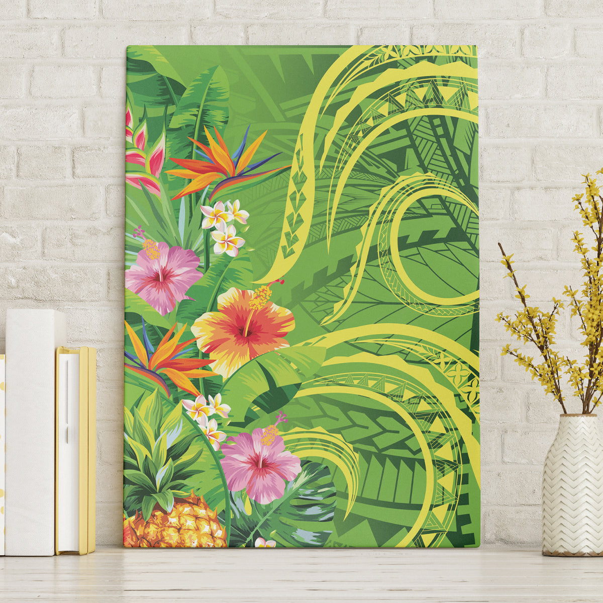 Polynesian Tribal Flower Tattoo Canvas Wall Art Special Lime Green Vibe