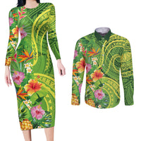 Polynesian Tribal Flower Tattoo Couples Matching Long Sleeve Bodycon Dress and Long Sleeve Button Shirt Special Lime Green Vibe LT9 Lime Green - Polynesian Pride