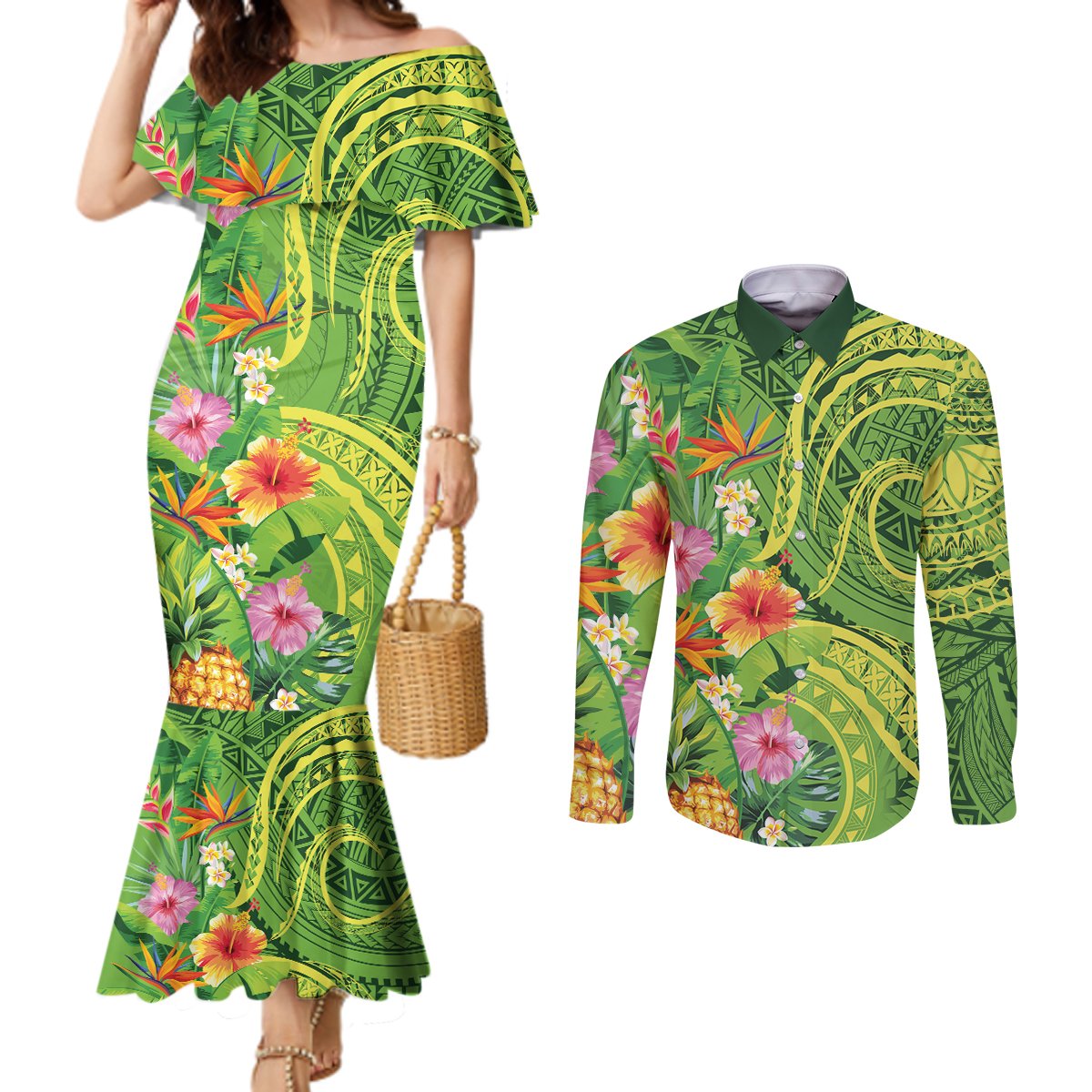 Polynesian Tribal Flower Tattoo Couples Matching Mermaid Dress and Long Sleeve Button Shirt Special Lime Green Vibe LT9 Lime Green - Polynesian Pride