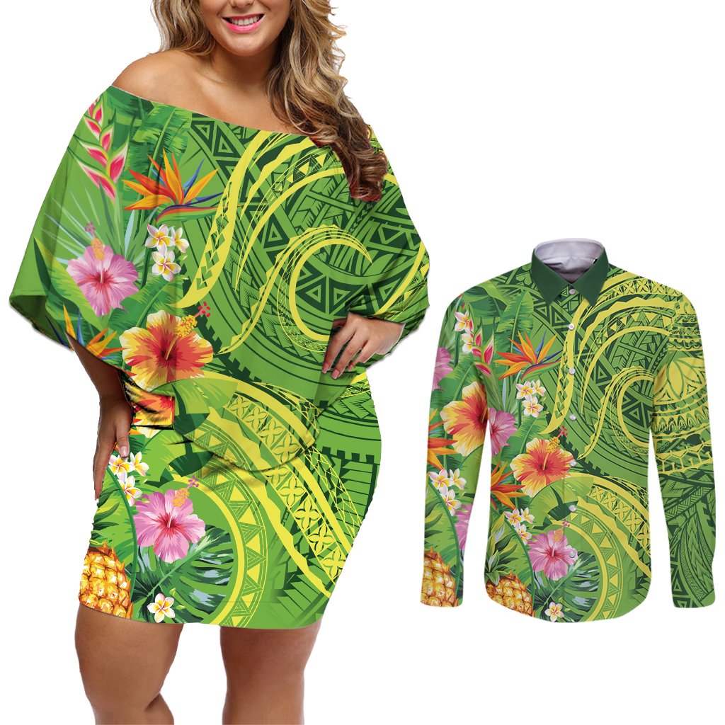 Polynesian Tribal Flower Tattoo Couples Matching Off Shoulder Short Dress and Long Sleeve Button Shirt Special Lime Green Vibe LT9 Lime Green - Polynesian Pride