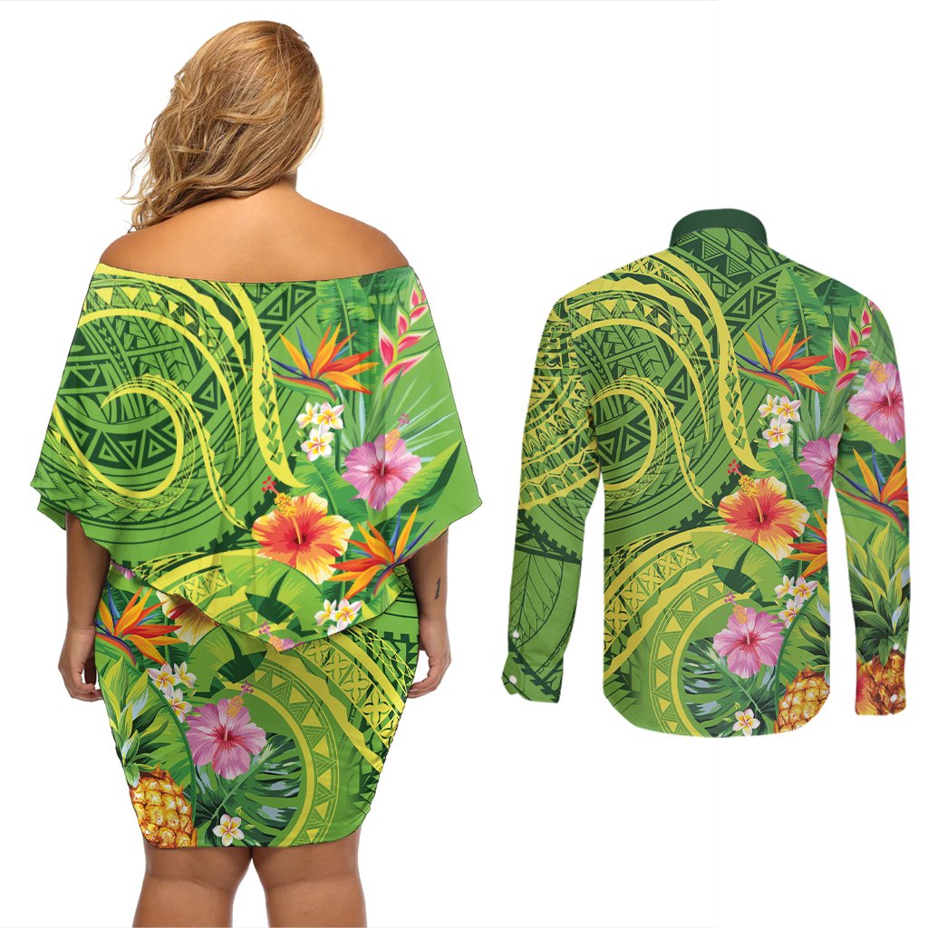Polynesian Tribal Flower Tattoo Couples Matching Off Shoulder Short Dress and Long Sleeve Button Shirt Special Lime Green Vibe LT9 - Polynesian Pride