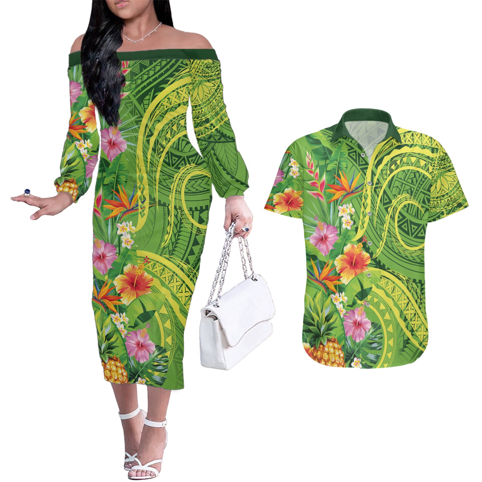 Polynesian Tribal Flower Tattoo Couples Matching Off The Shoulder Long Sleeve Dress and Hawaiian Shirt Special Lime Green Vibe