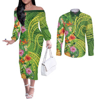 Polynesian Tribal Flower Tattoo Couples Matching Off The Shoulder Long Sleeve Dress and Long Sleeve Button Shirt Special Lime Green Vibe LT9 Lime Green - Polynesian Pride