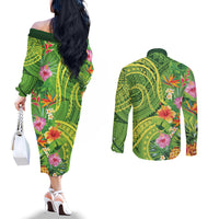 Polynesian Tribal Flower Tattoo Couples Matching Off The Shoulder Long Sleeve Dress and Long Sleeve Button Shirt Special Lime Green Vibe LT9 - Polynesian Pride