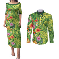 Polynesian Tribal Flower Tattoo Couples Matching Puletasi and Long Sleeve Button Shirt Special Lime Green Vibe LT9 Lime Green - Polynesian Pride
