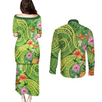 Polynesian Tribal Flower Tattoo Couples Matching Puletasi and Long Sleeve Button Shirt Special Lime Green Vibe LT9 - Polynesian Pride