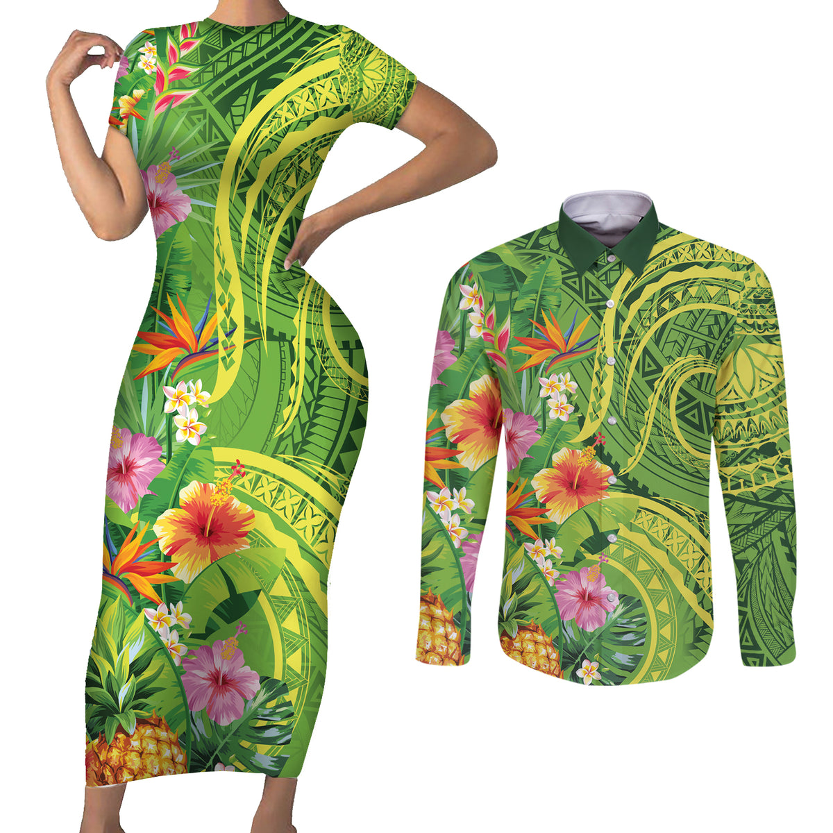 Polynesian Tribal Flower Tattoo Couples Matching Short Sleeve Bodycon Dress and Long Sleeve Button Shirt Special Lime Green Vibe LT9 Lime Green - Polynesian Pride