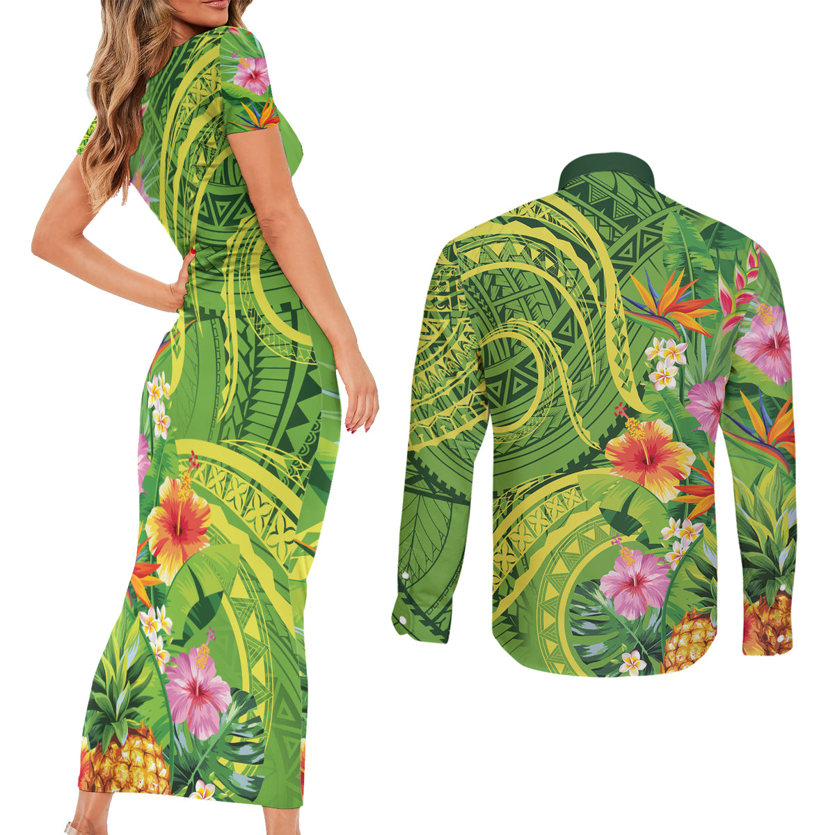 Polynesian Tribal Flower Tattoo Couples Matching Short Sleeve Bodycon Dress and Long Sleeve Button Shirt Special Lime Green Vibe LT9 - Polynesian Pride