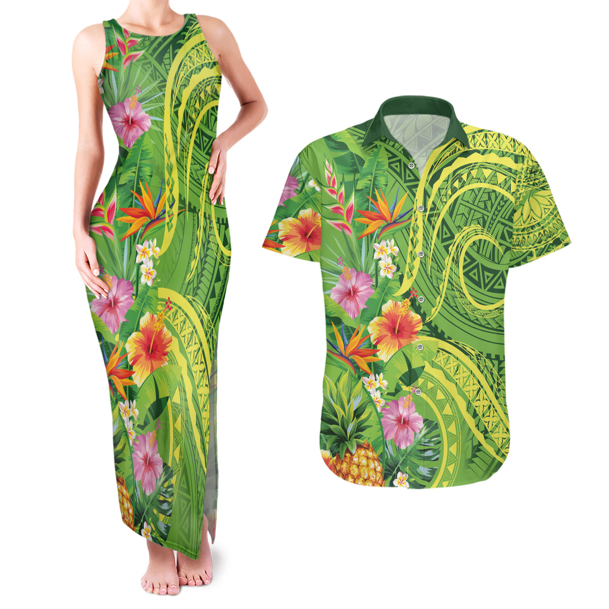 Polynesian Tribal Flower Tattoo Couples Matching Tank Maxi Dress and Hawaiian Shirt Special Lime Green Vibe LT9 Lime Green - Polynesian Pride