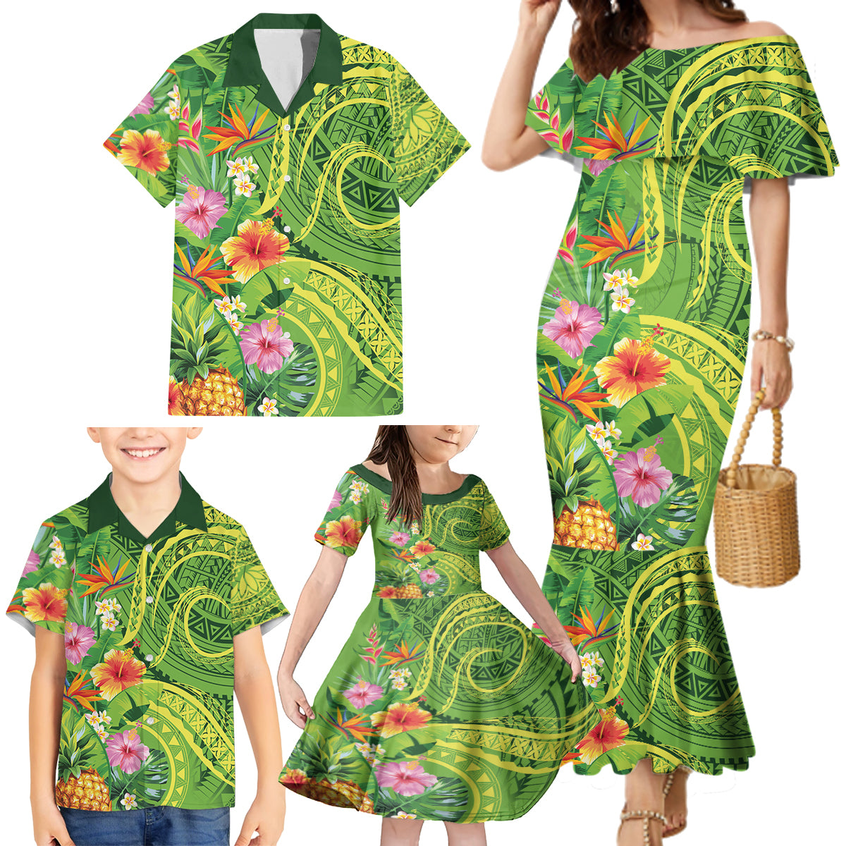 Polynesian Tribal Flower Tattoo Family Matching Mermaid Dress and Hawaiian Shirt Special Lime Green Vibe LT9 - Polynesian Pride
