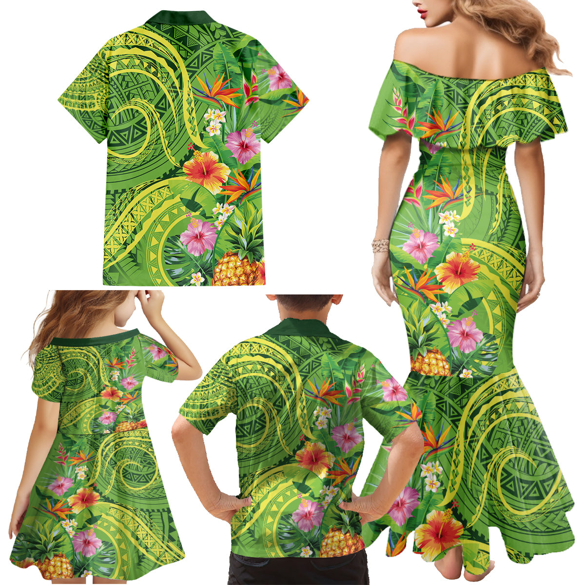 Polynesian Tribal Flower Tattoo Family Matching Mermaid Dress and Hawaiian Shirt Special Lime Green Vibe LT9 - Polynesian Pride