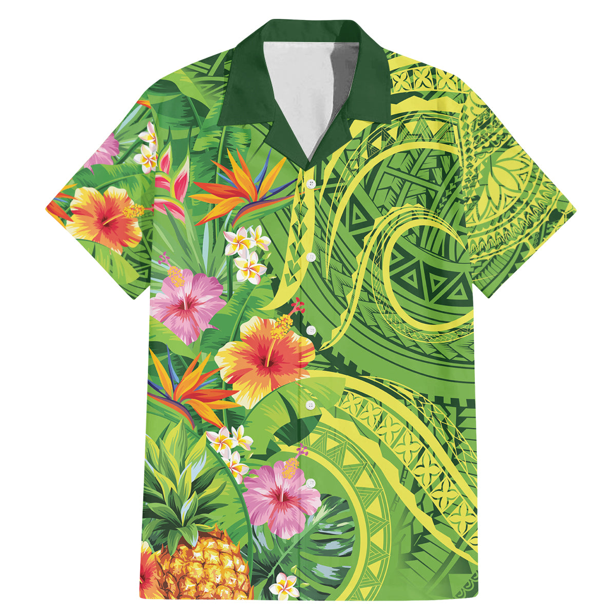 Polynesian Tribal Flower Tattoo Family Matching Mermaid Dress and Hawaiian Shirt Special Lime Green Vibe LT9 Dad's Shirt - Short Sleeve Lime Green - Polynesian Pride