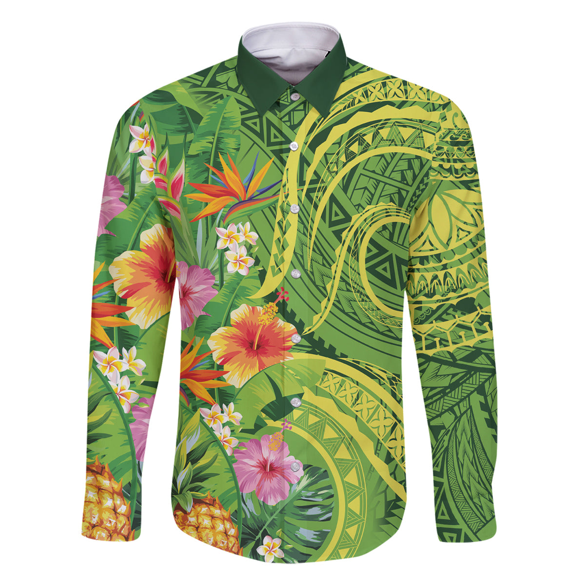 Polynesian Tribal Flower Tattoo Family Matching Mermaid Dress and Hawaiian Shirt Special Lime Green Vibe LT9 Dad's Shirt - Long Sleeve Lime Green - Polynesian Pride