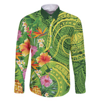 Polynesian Tribal Flower Tattoo Family Matching Mermaid Dress and Hawaiian Shirt Special Lime Green Vibe LT9 Dad's Shirt - Long Sleeve Lime Green - Polynesian Pride