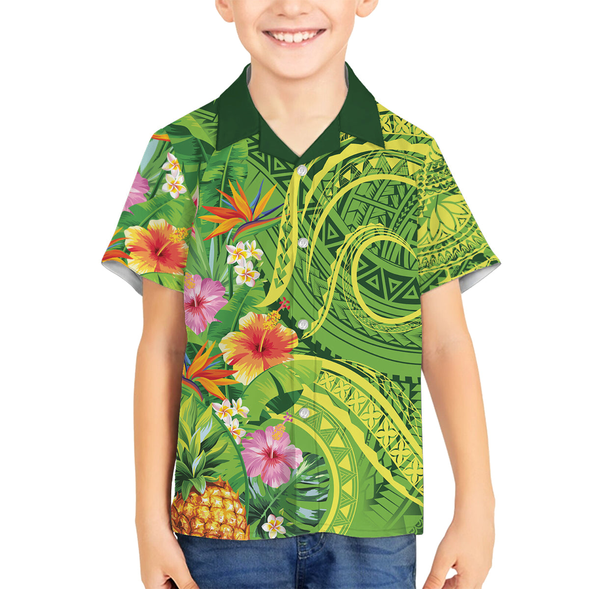 Polynesian Tribal Flower Tattoo Family Matching Off The Shoulder Long Sleeve Dress and Hawaiian Shirt Special Lime Green Vibe