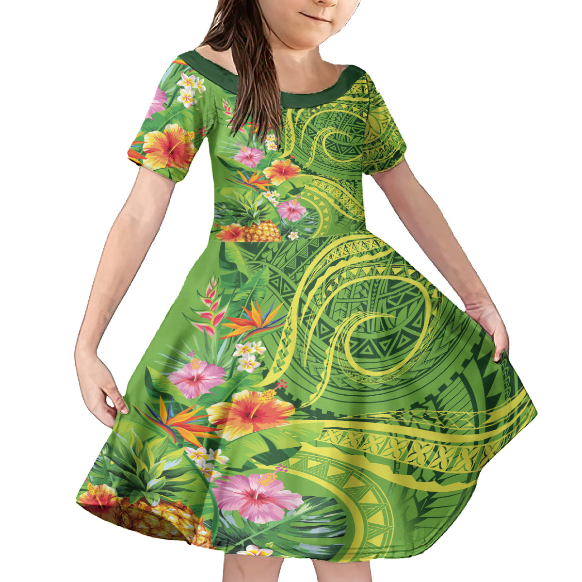 Polynesian Tribal Flower Tattoo Family Matching Off Shoulder Maxi Dress and Hawaiian Shirt Special Lime Green Vibe LT9 Daughter's Dress Lime Green - Polynesian Pride