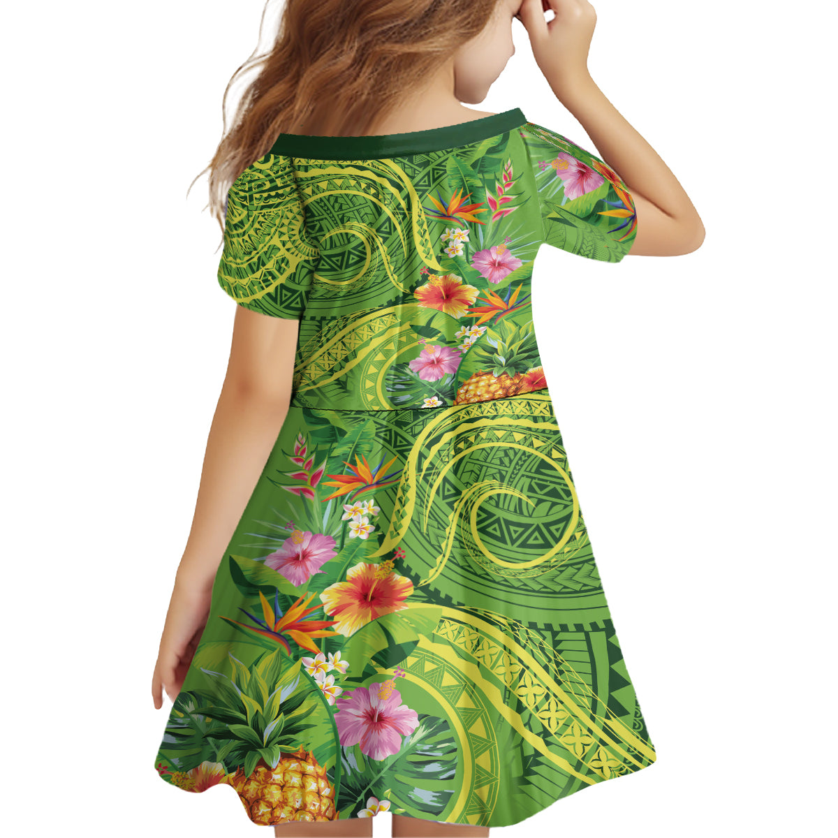Polynesian Tribal Flower Tattoo Family Matching Off Shoulder Maxi Dress and Hawaiian Shirt Special Lime Green Vibe LT9 - Polynesian Pride
