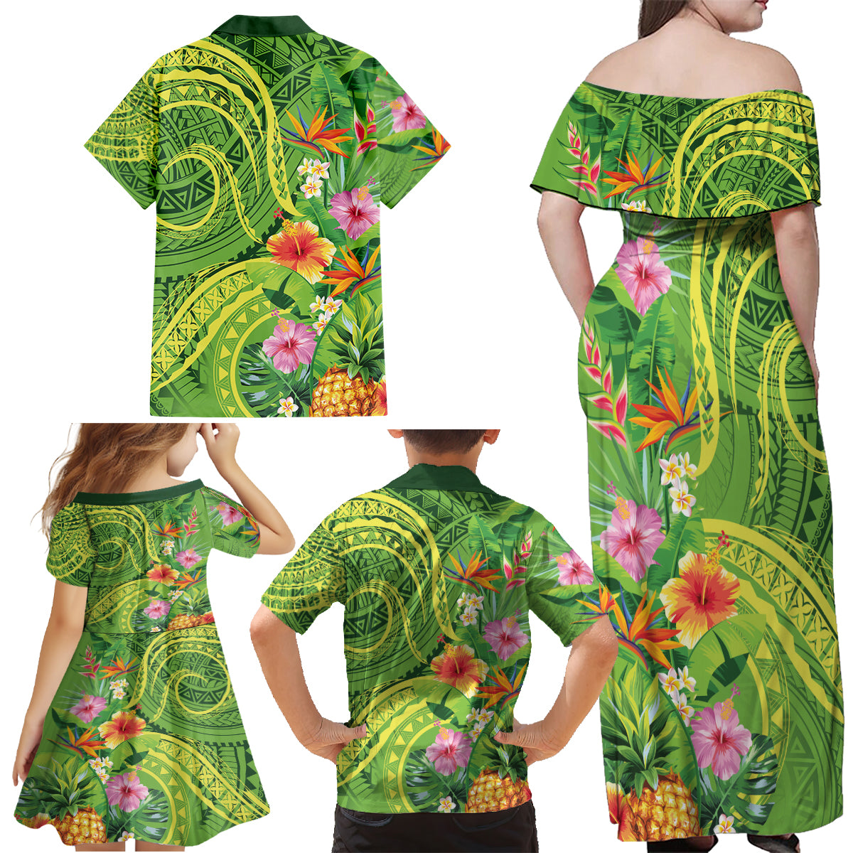 Polynesian Tribal Flower Tattoo Family Matching Off Shoulder Maxi Dress and Hawaiian Shirt Special Lime Green Vibe LT9 - Polynesian Pride