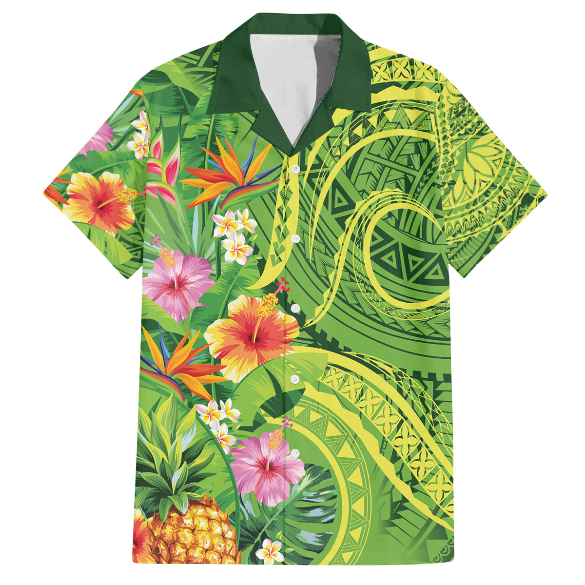 Polynesian Tribal Flower Tattoo Family Matching Off Shoulder Maxi Dress and Hawaiian Shirt Special Lime Green Vibe LT9 Dad's Shirt - Short Sleeve Lime Green - Polynesian Pride