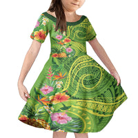 Polynesian Tribal Flower Tattoo Family Matching Off Shoulder Short Dress and Hawaiian Shirt Special Lime Green Vibe LT9 Daughter's Dress Lime Green - Polynesian Pride