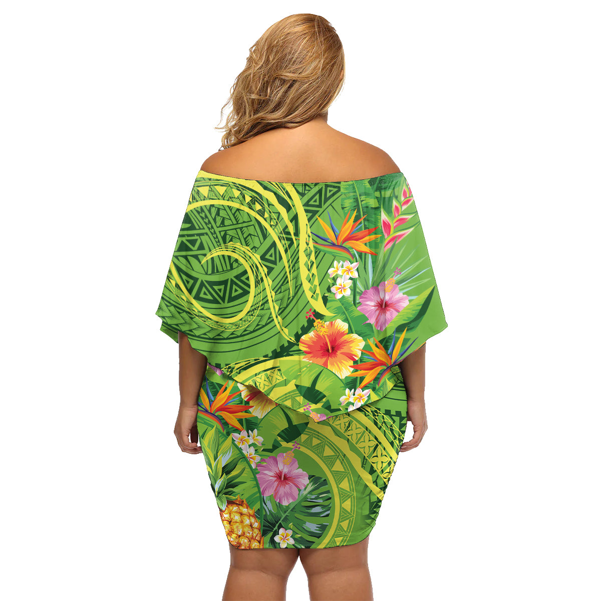 Polynesian Tribal Flower Tattoo Family Matching Off Shoulder Short Dress and Hawaiian Shirt Special Lime Green Vibe LT9 - Polynesian Pride