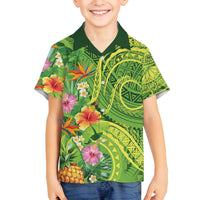 Polynesian Tribal Flower Tattoo Family Matching Off Shoulder Short Dress and Hawaiian Shirt Special Lime Green Vibe LT9 Son's Shirt Lime Green - Polynesian Pride