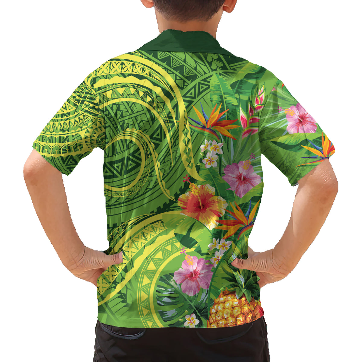 Polynesian Tribal Flower Tattoo Family Matching Short Sleeve Bodycon Dress and Hawaiian Shirt Special Lime Green Vibe LT9 - Polynesian Pride