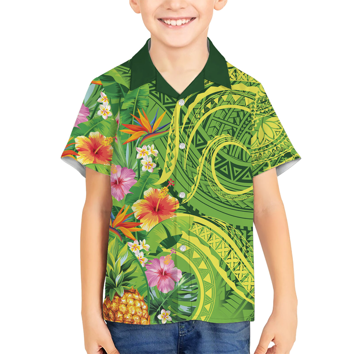 Polynesian Tribal Flower Tattoo Family Matching Short Sleeve Bodycon Dress and Hawaiian Shirt Special Lime Green Vibe LT9 Son's Shirt Lime Green - Polynesian Pride