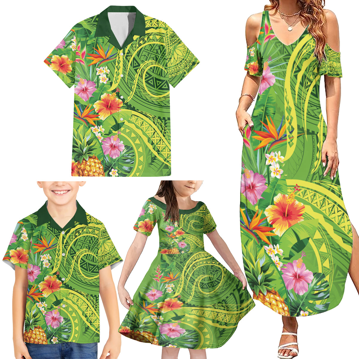 Polynesian Tribal Flower Tattoo Family Matching Summer Maxi Dress and Hawaiian Shirt Special Lime Green Vibe LT9 - Polynesian Pride