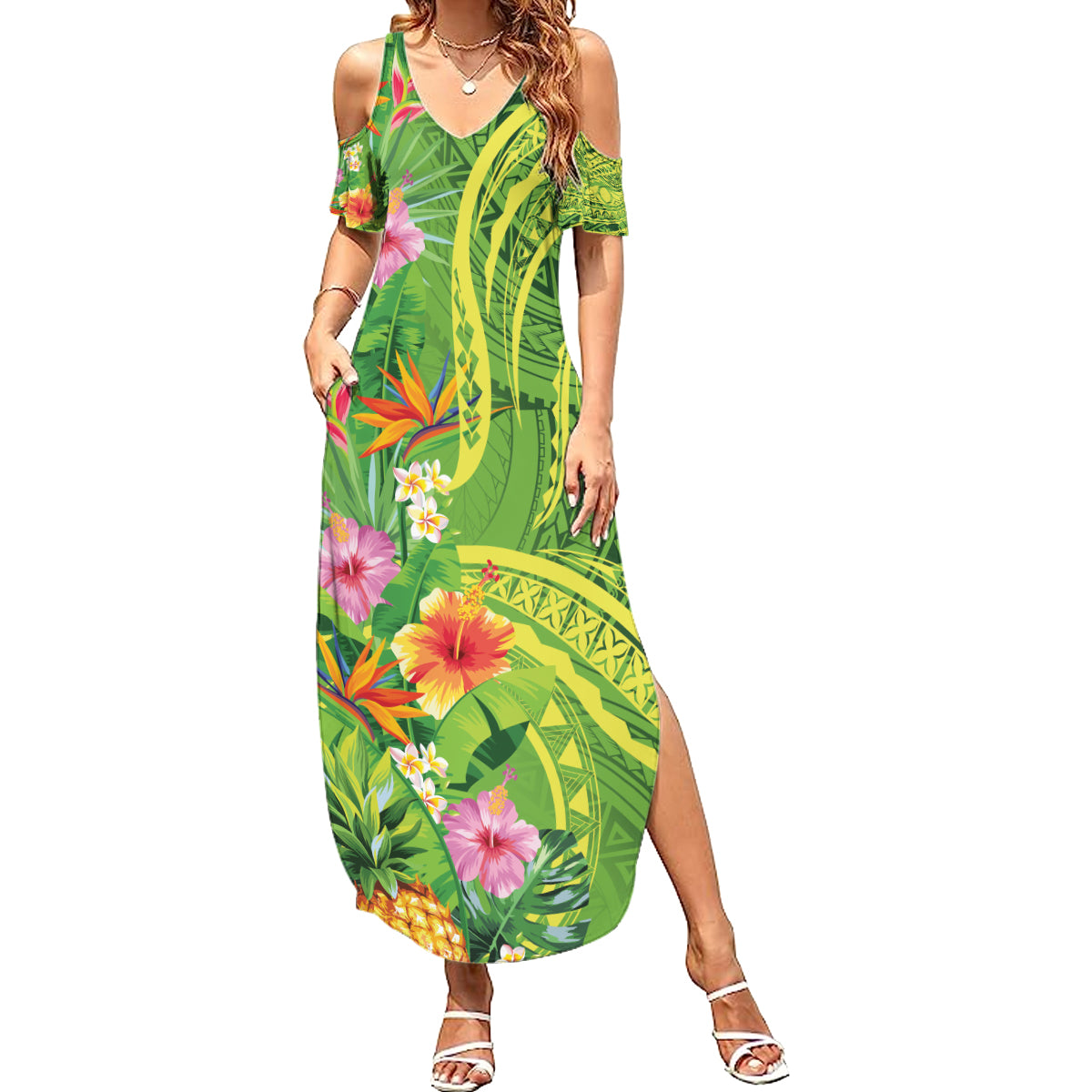 Polynesian Tribal Flower Tattoo Family Matching Summer Maxi Dress and Hawaiian Shirt Special Lime Green Vibe LT9 Mom's Dress Lime Green - Polynesian Pride