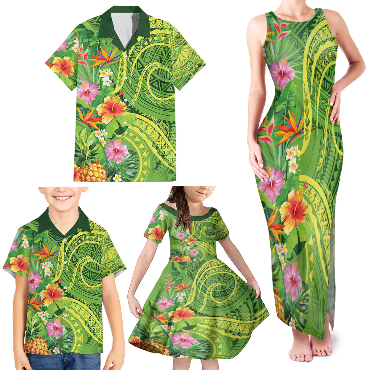 Polynesian Tribal Flower Tattoo Family Matching Tank Maxi Dress and Hawaiian Shirt Special Lime Green Vibe LT9 - Polynesian Pride