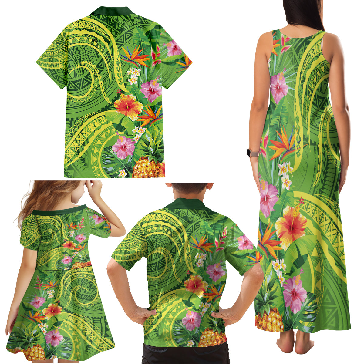 Polynesian Tribal Flower Tattoo Family Matching Tank Maxi Dress and Hawaiian Shirt Special Lime Green Vibe LT9 - Polynesian Pride