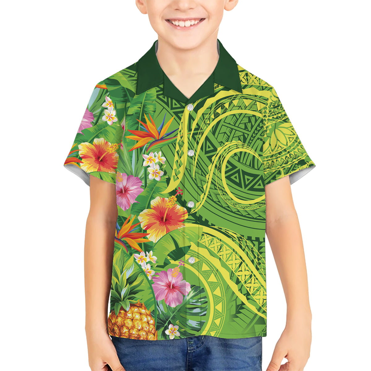Polynesian Tribal Flower Tattoo Kid Hawaiian Shirt Special Lime Green Vibe
