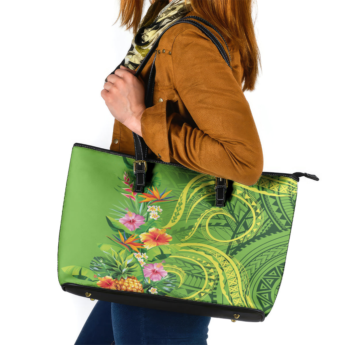 Polynesian Tribal Flower Tattoo Leather Tote Bag Special Lime Green Vibe LT9 Lime Green - Polynesian Pride