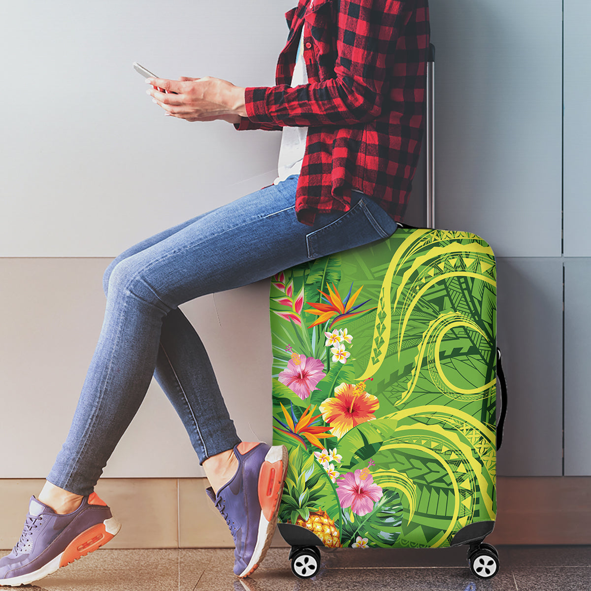 Polynesian Tribal Flower Tattoo Luggage Cover Special Lime Green Vibe