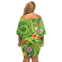 Polynesian Tribal Flower Tattoo Off Shoulder Short Dress Special Lime Green Vibe