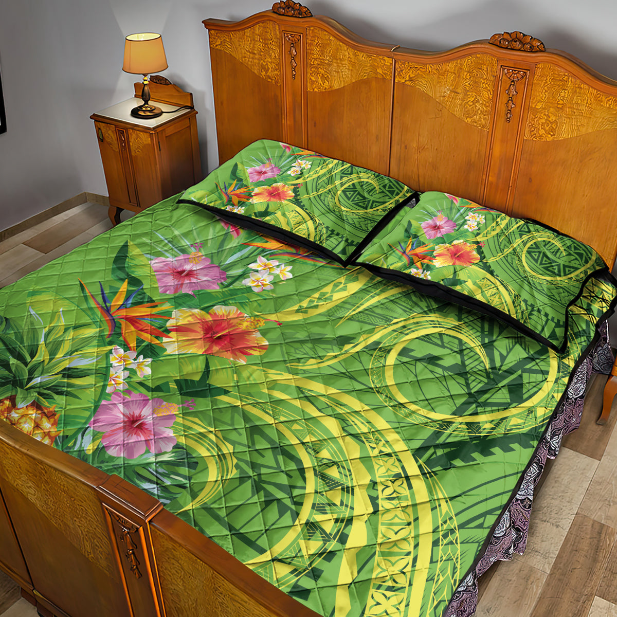 Polynesian Tribal Flower Tattoo Quilt Bed Set Special Lime Green Vibe