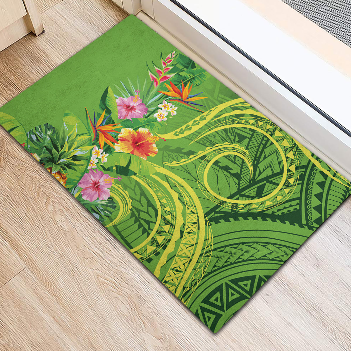Polynesian Tribal Flower Tattoo Rubber Doormat Special Lime Green Vibe